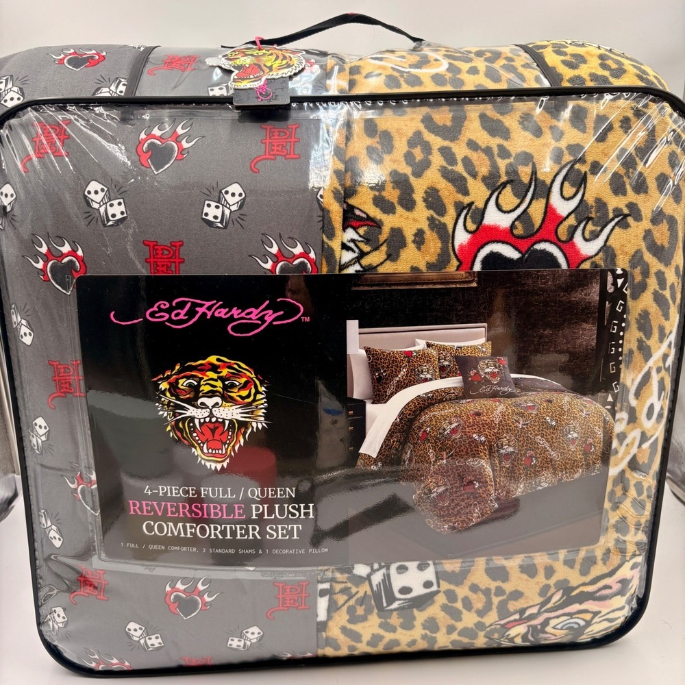 Ed Hardy 4-Piece Reversible Plush Comforter Set Full Queen Leopard Tiger Tattoo